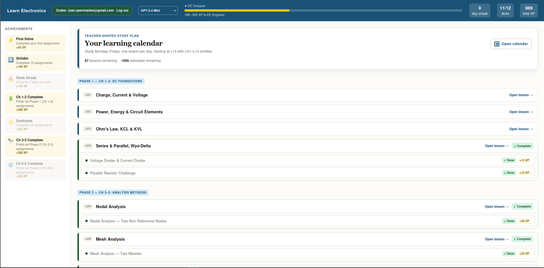 Learn Electronics tracker screen